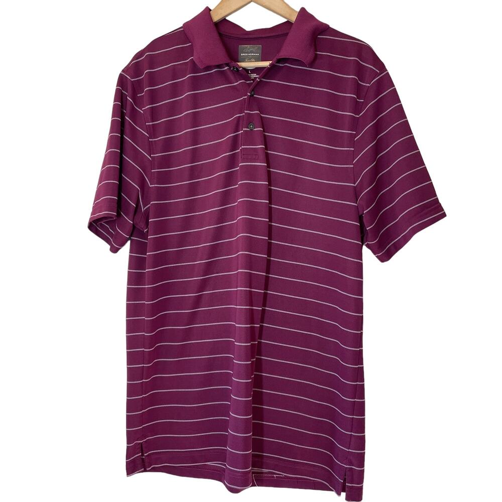 Greg Norman for Tasso Elba Burgundy Mens Polo Shirt Striped Large Play Dry Golf